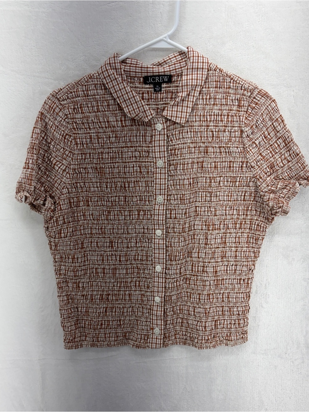 J. Crew Cream and Rust Smocked Button-Down Short Sleeve Top